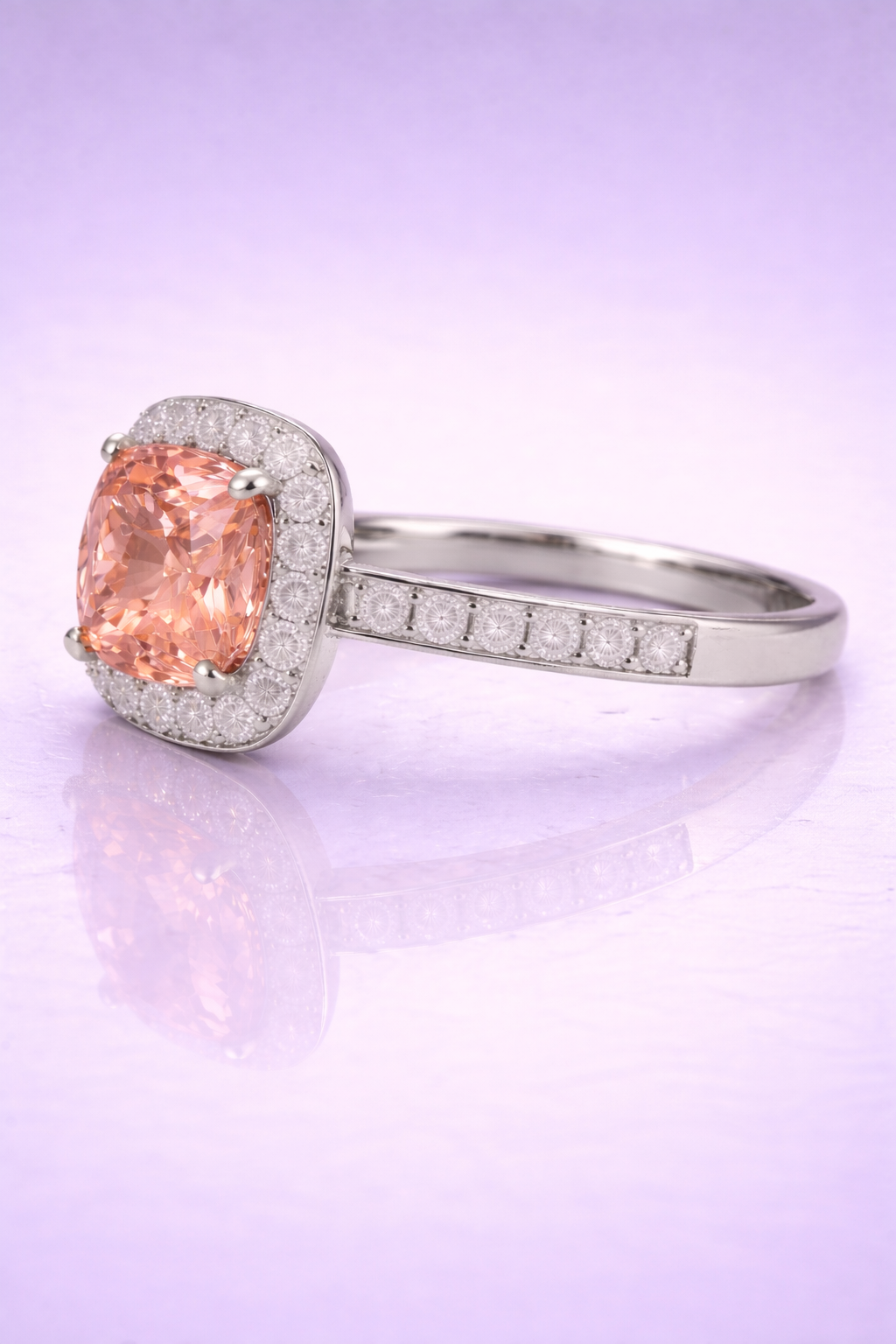 padparadscha sapphire diamond halo platinum ring macro