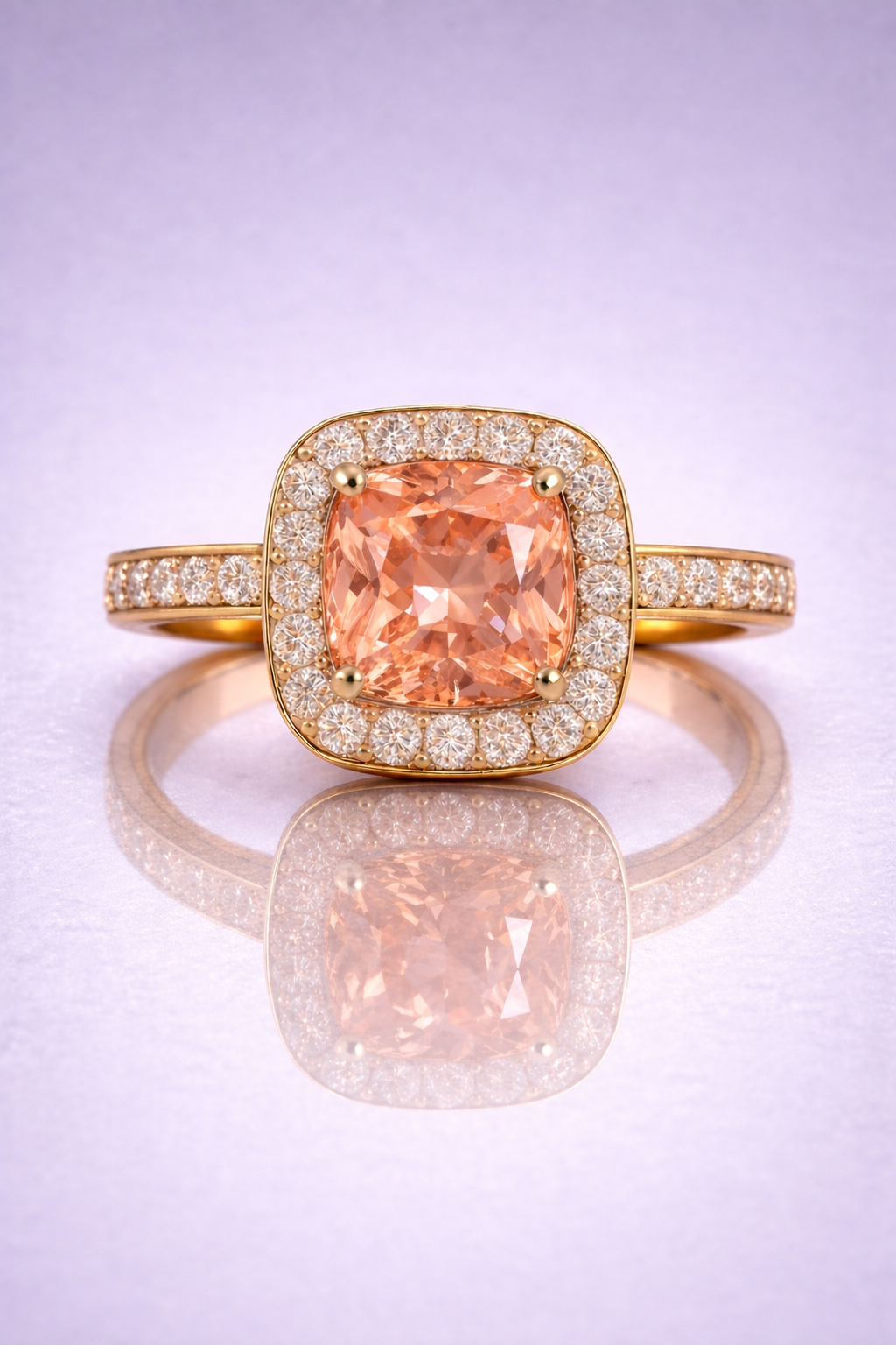 padparadscha sapphire diamond halo rose gold ring