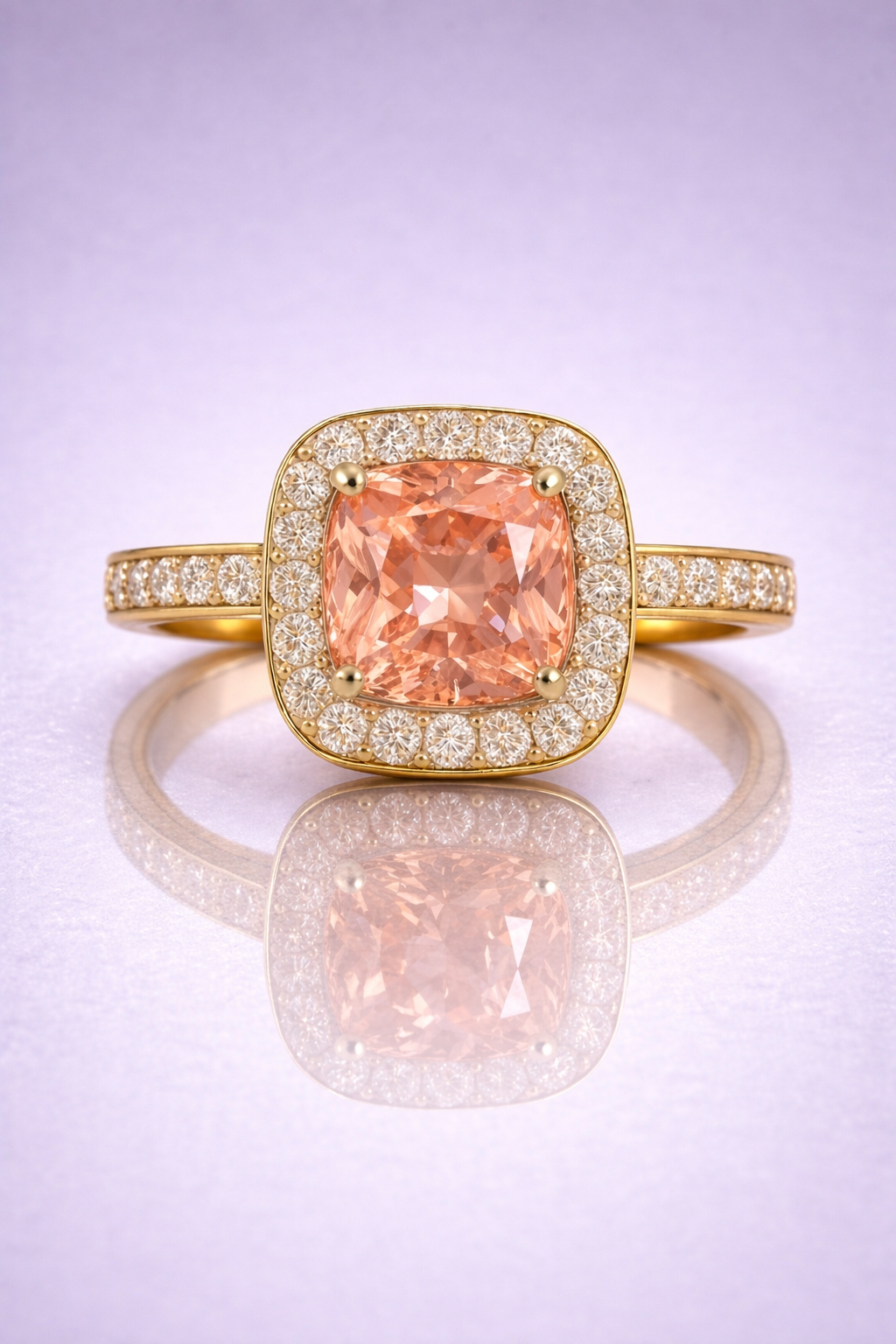 padparadscha sapphire diamond halo yellow gold ring
