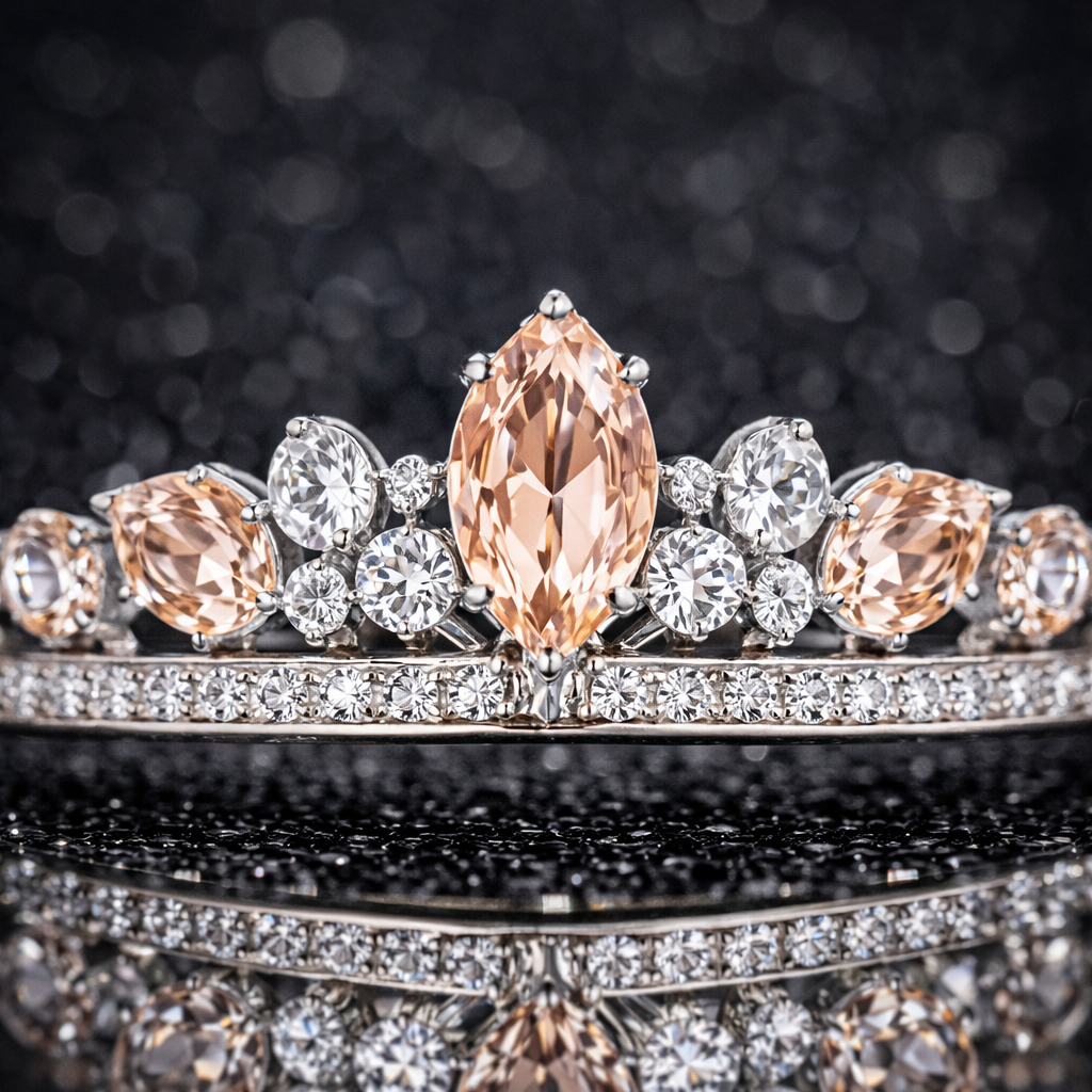 peach sapphire diamond white gold tiara macro