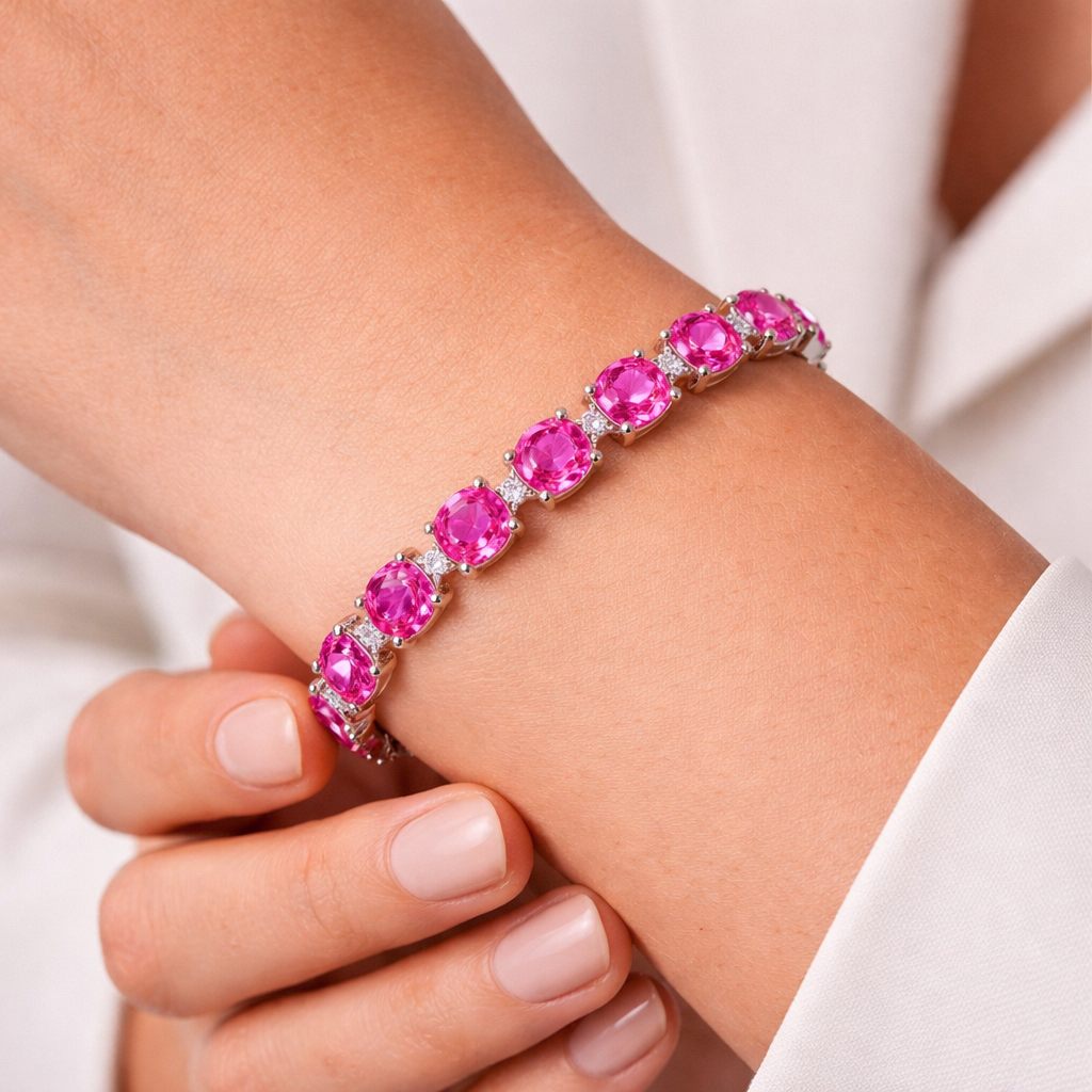 pink sapphire diamond white gold tennis bracelet model
