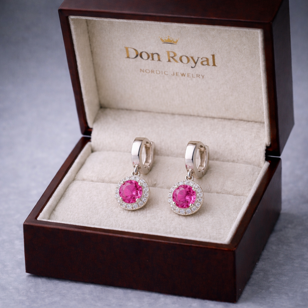 pink sapphire halo diamond white gold earrings in box