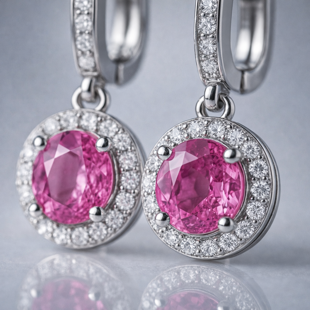 pink sapphire diamond platinum earrings macro