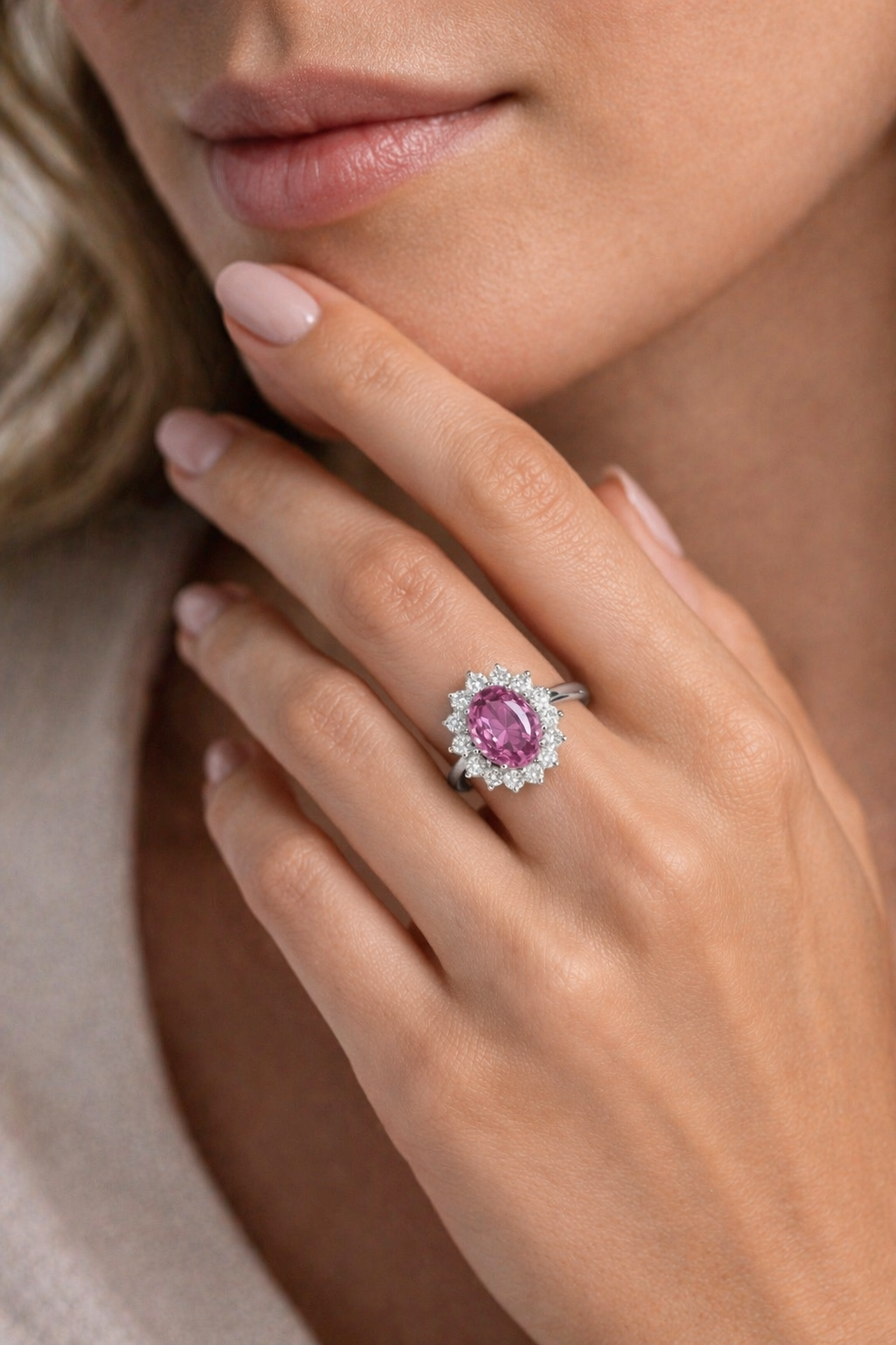 pink sapphire diamond halo gold ring