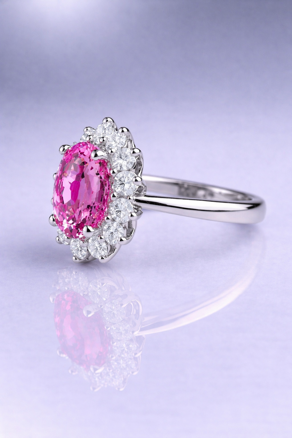 pink sapphire diamond halo platinum ring