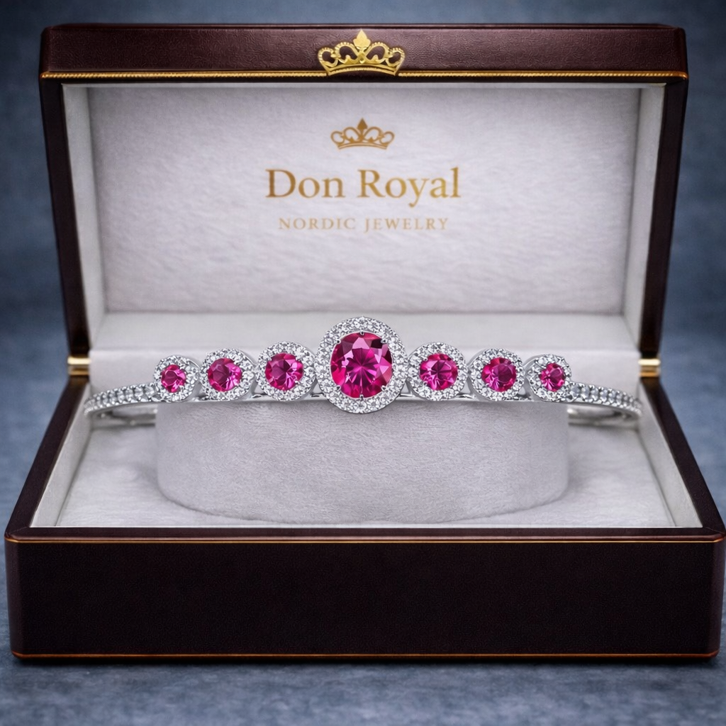 pink sapphire diamond halo white gold tiara in box