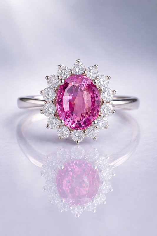 pink sapphire diamond halo white gold ring