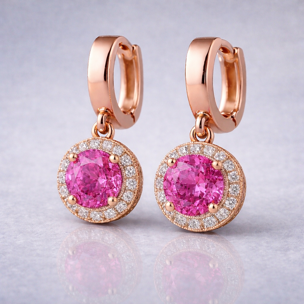 pink sapphire halo diamond rose gold earrings