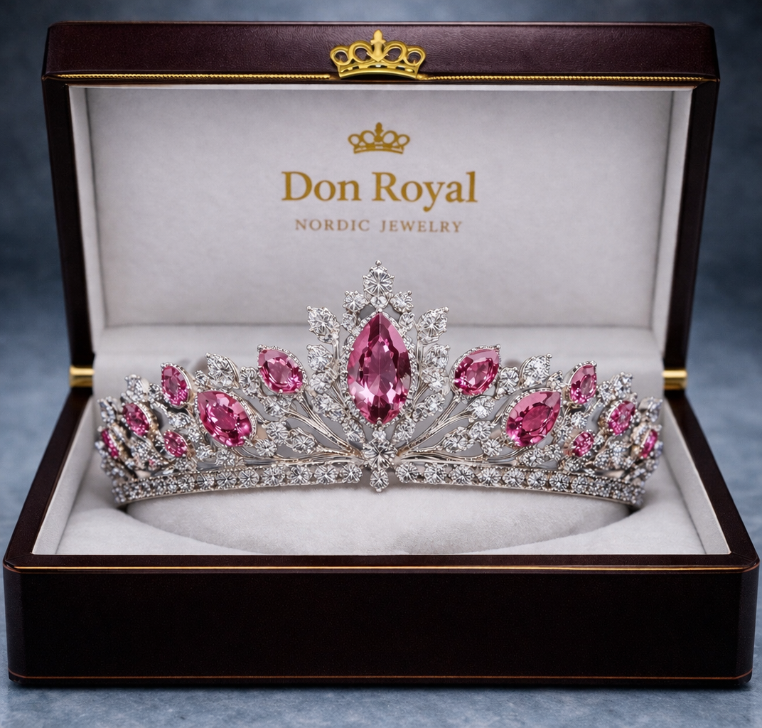 pink sapphire diamond white gold tiara in box