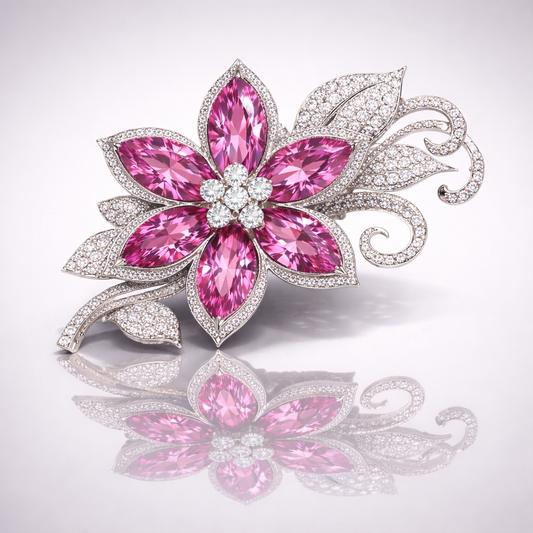 pink sapphire diamond white gold brooch