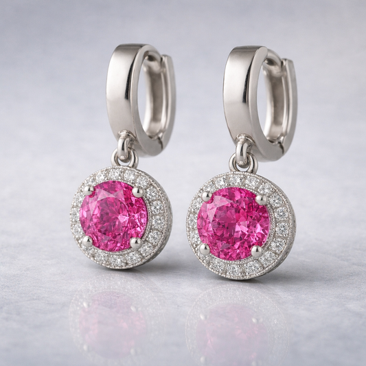 pink sapphire halo diamond white gold earrings