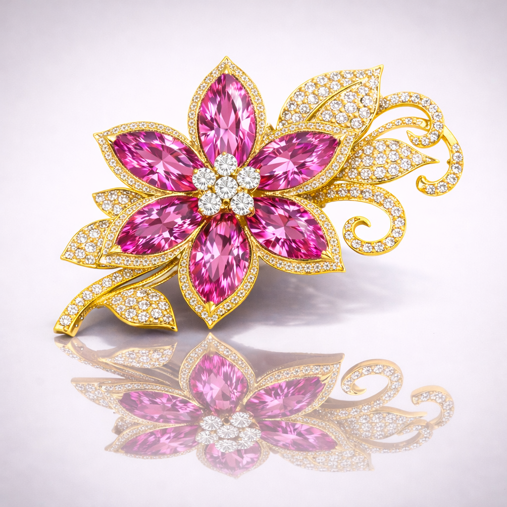 pink sapphire diamond yellow gold brooch