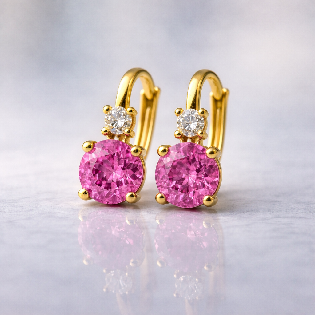 pink sapphire diamond yellow gold earrings