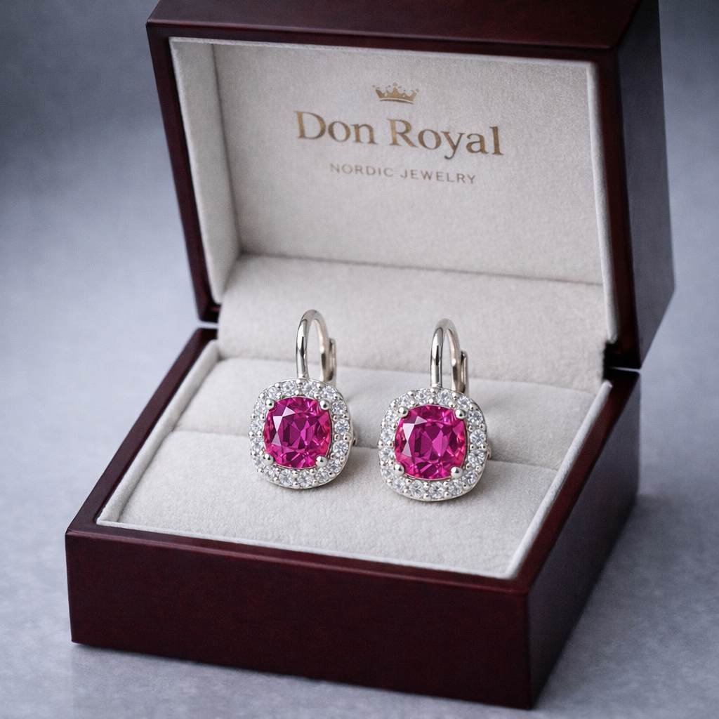 pink sapphire halo diamond white gold earrings in box