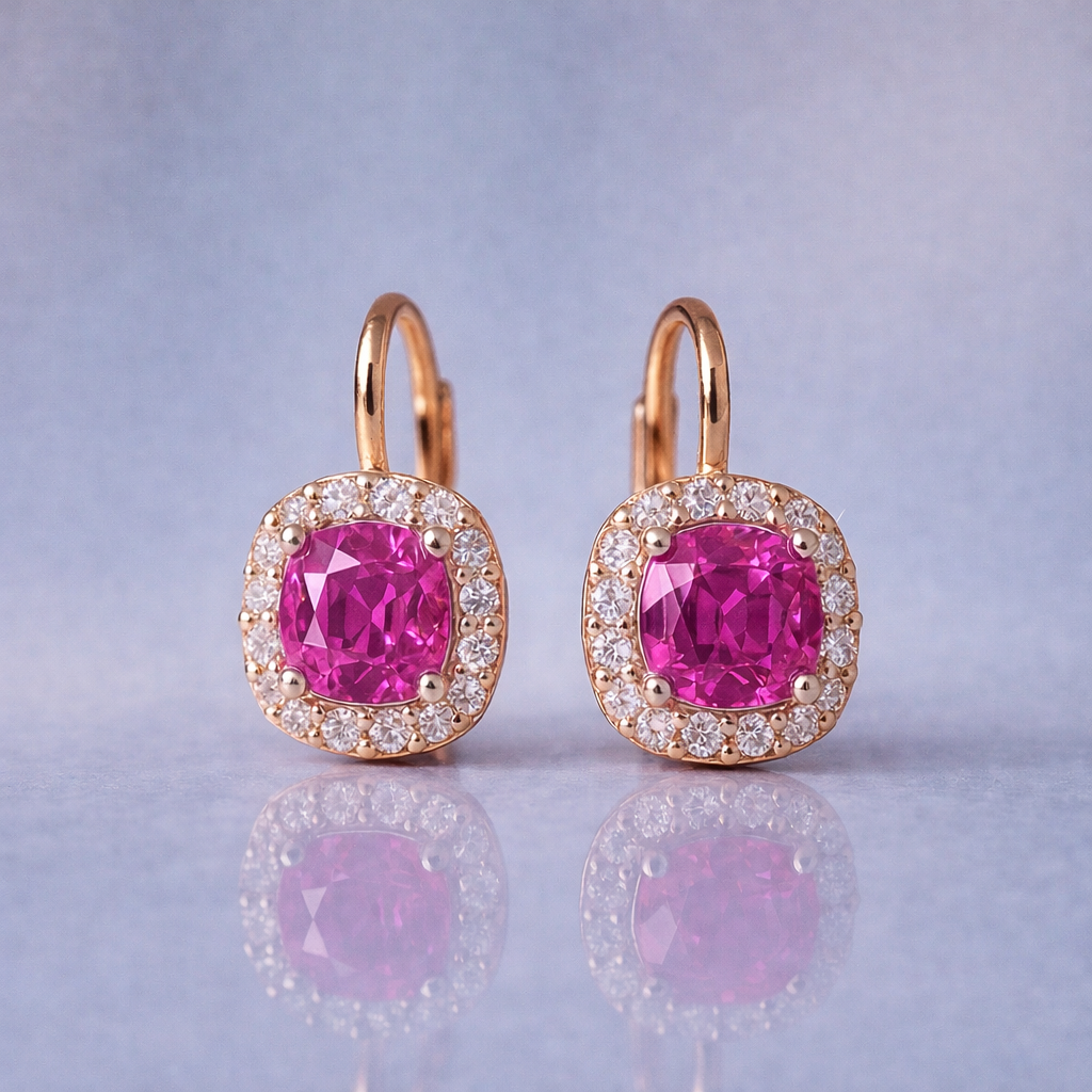 pink sapphire halo diamond rose gold earrings
