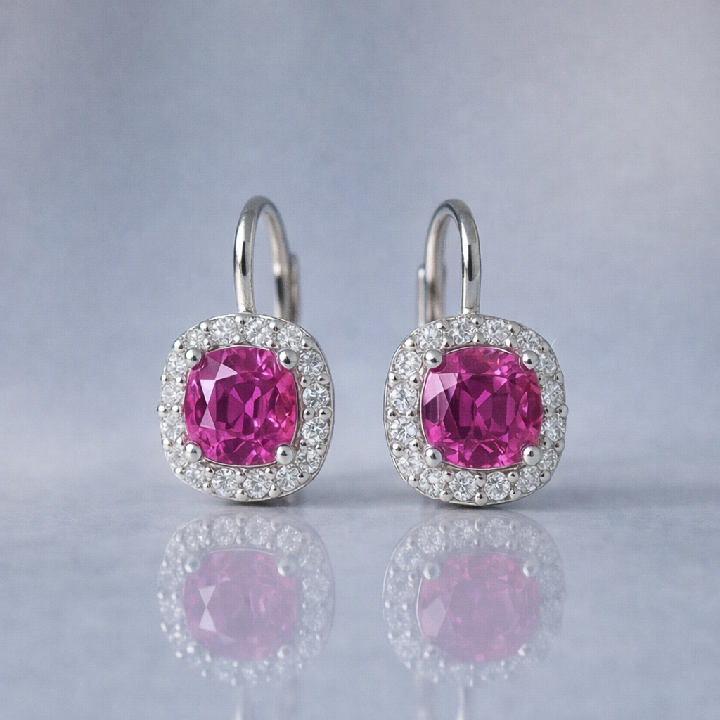 pink sapphire halo diamond white gold earrings