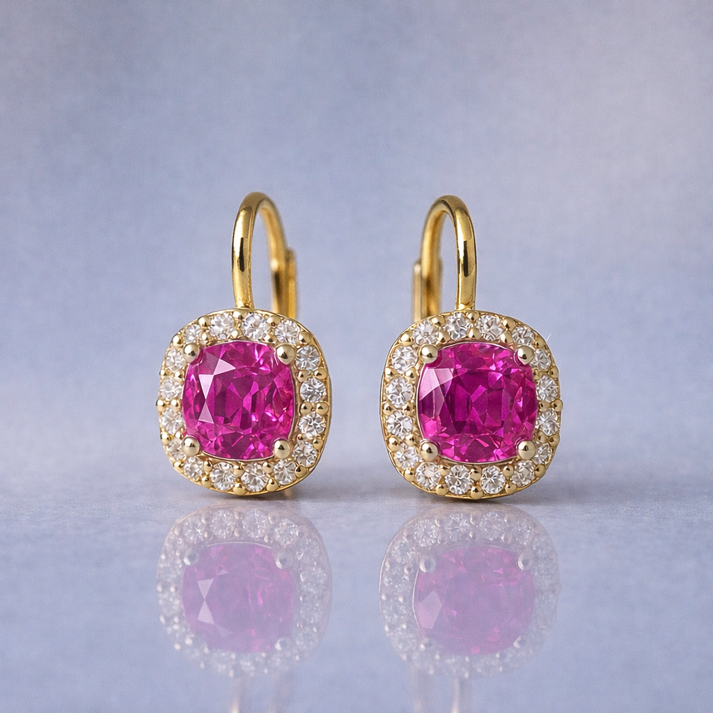 pink sapphire halo diamond yellow gold earrings