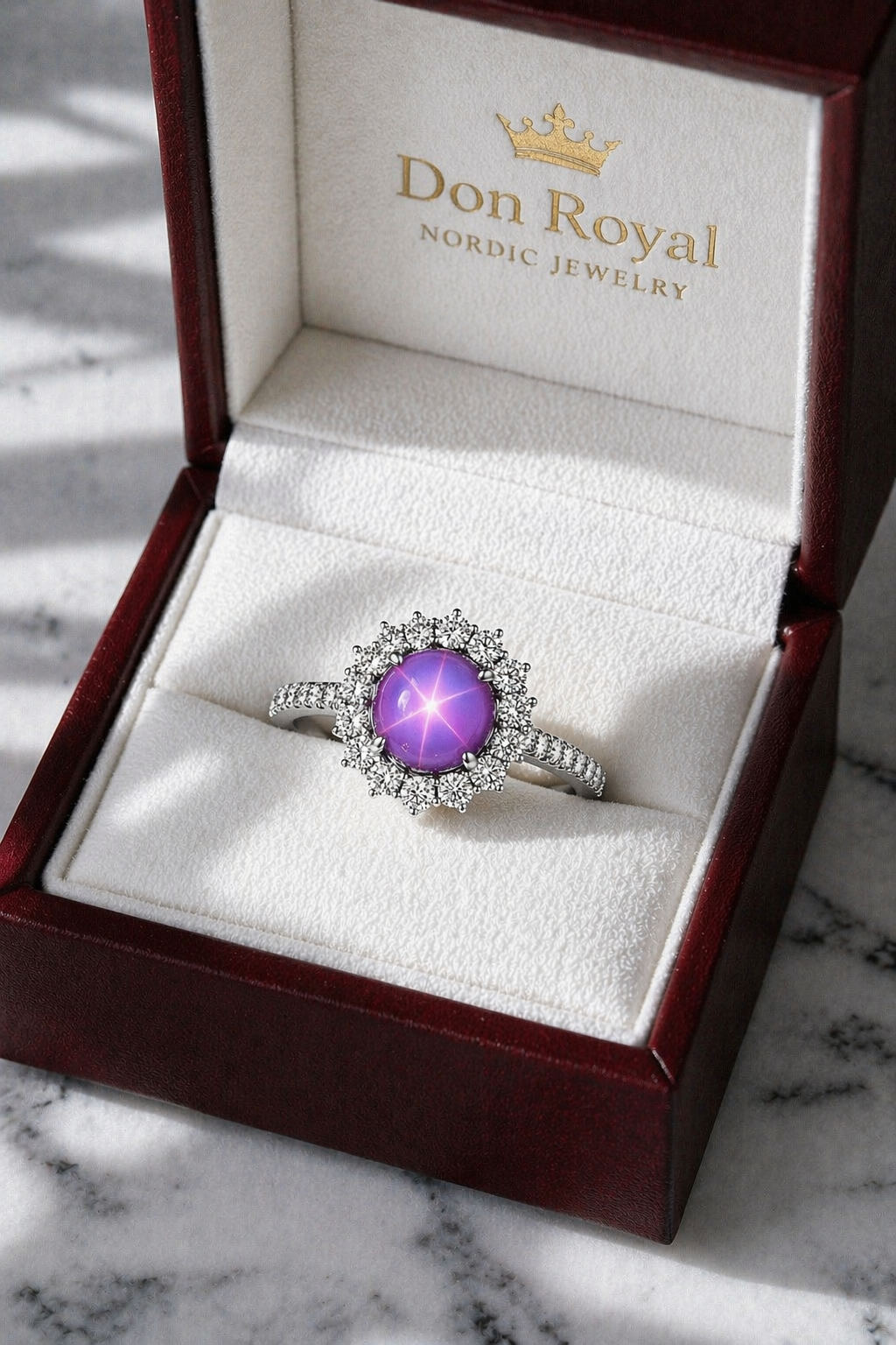 pink star sapphire diamond halo gold ring in box