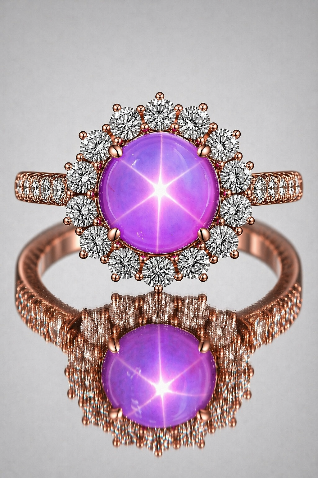 pink star sapphire diamond halo rose gold ring