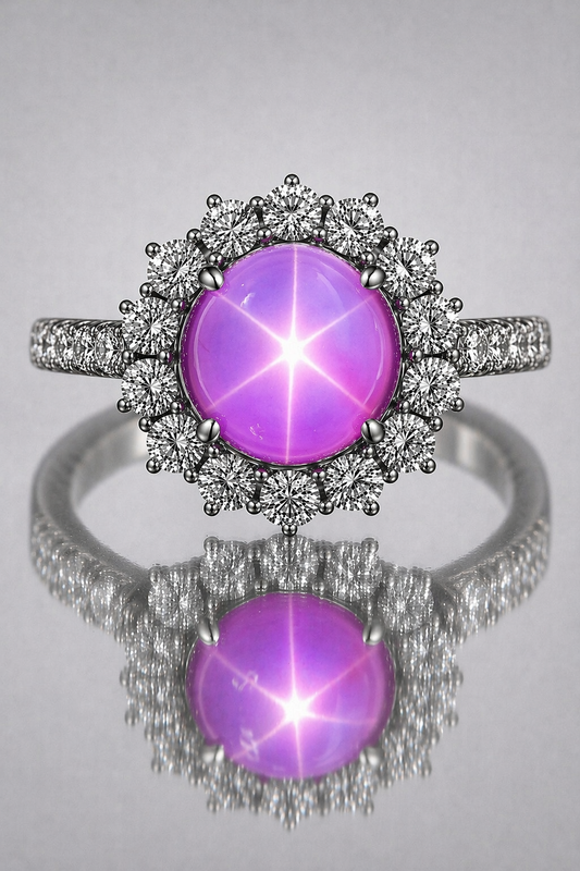 pink star sapphire diamond halo white gold ring