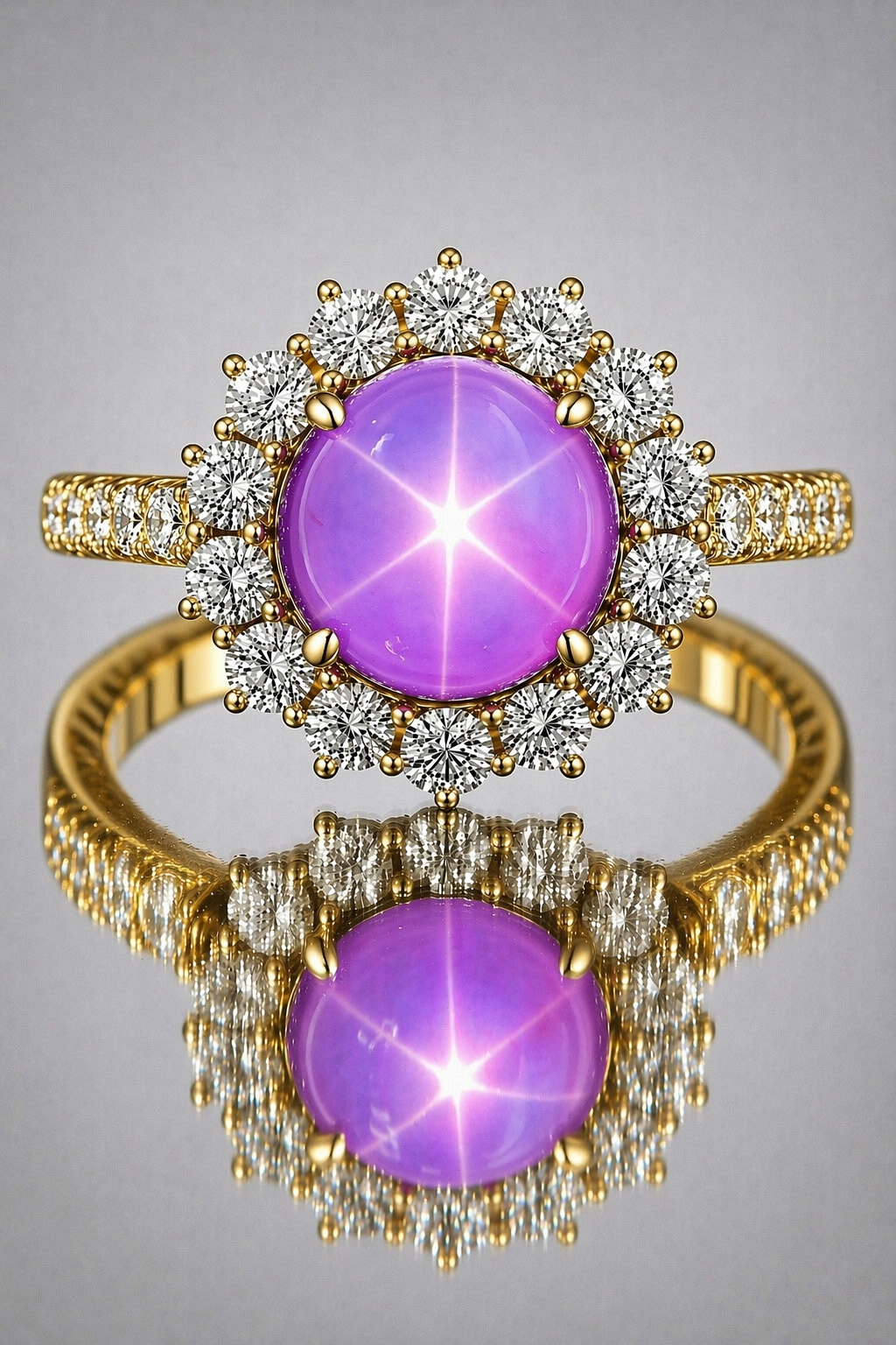 pink star sapphire diamond halo yellow gold ring