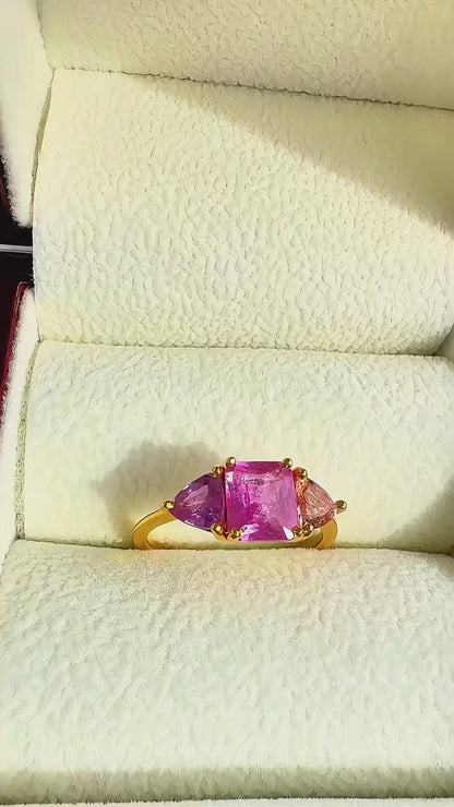 2.11 ct multicolored sapphire trilogy yellow gold ring certified