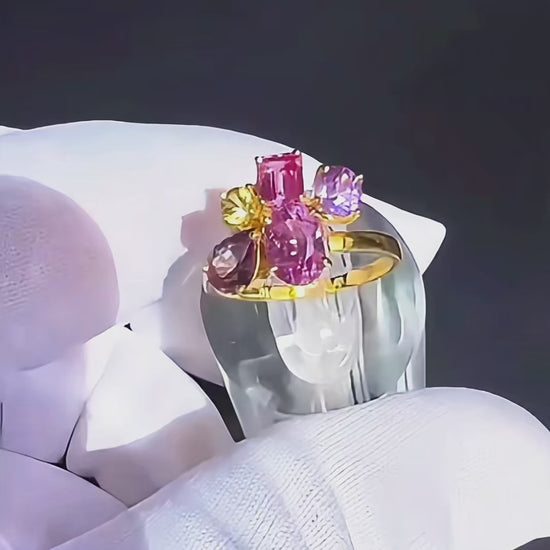 natural pink violet padparadscha sapphire trilogy yellow gold ring