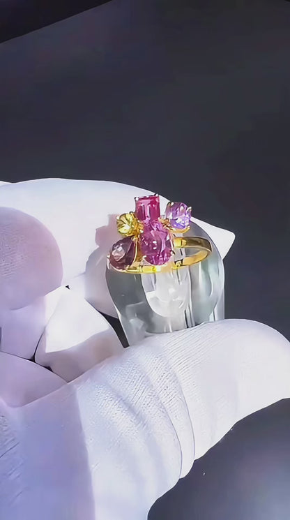 natural pink violet padparadscha sapphire trilogy yellow gold ring