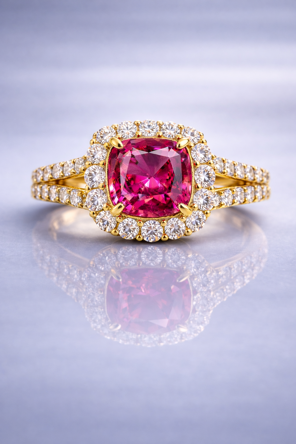 purplish pink sapphire diamond yellow gold ring