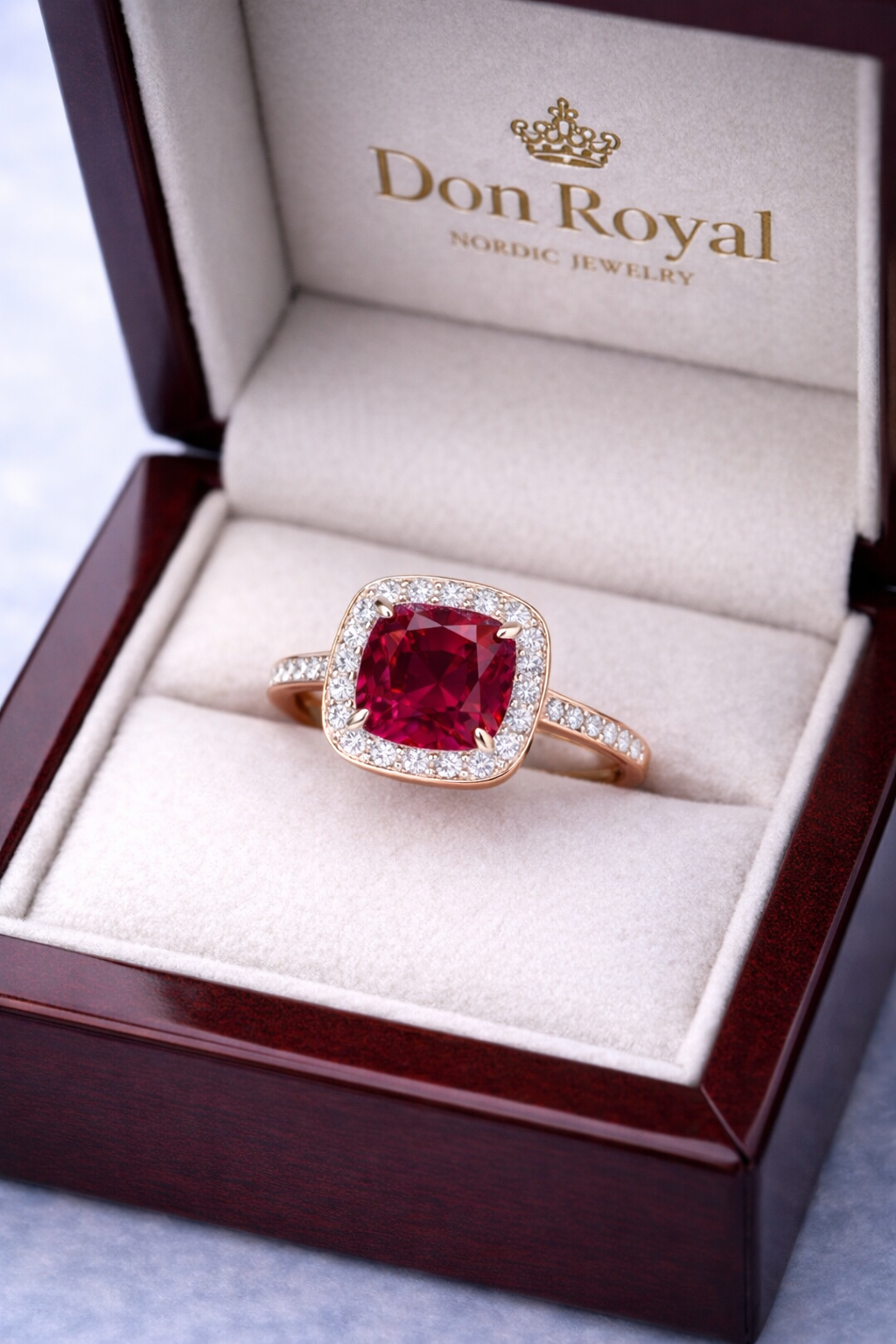 purple spinel diamond halo gold ring in box