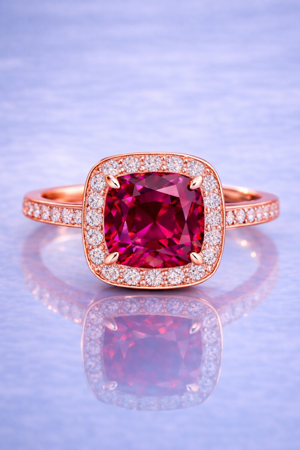 purple spinel diamond halo rose gold ring