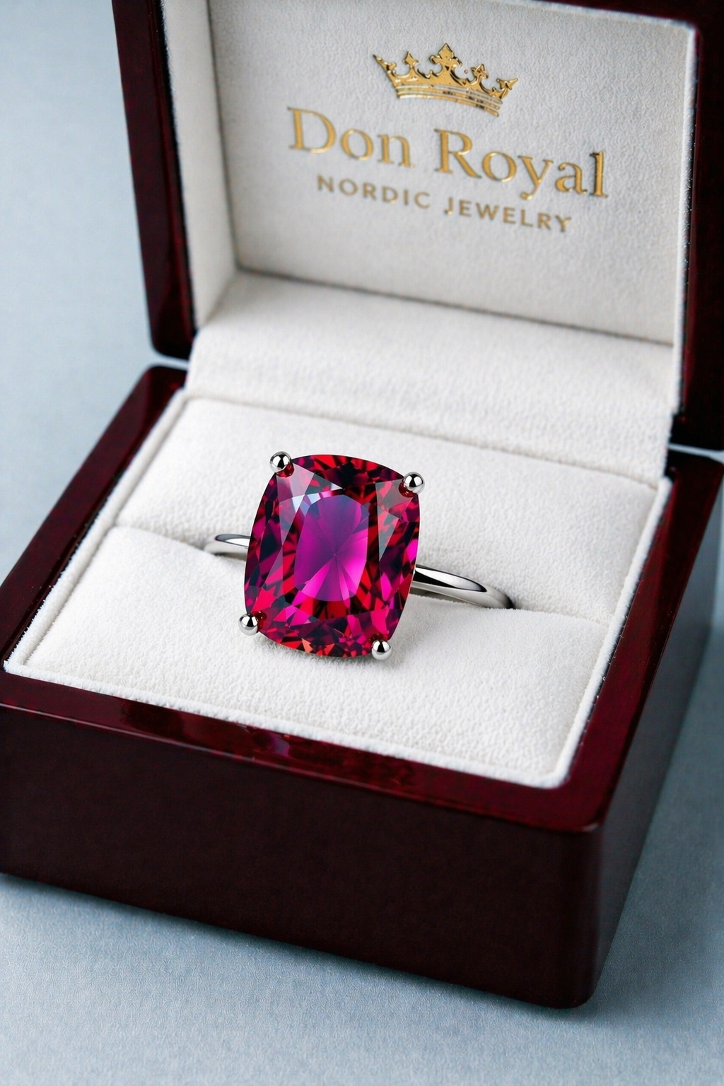 purplish pink rhodolite garnet gold ring in box