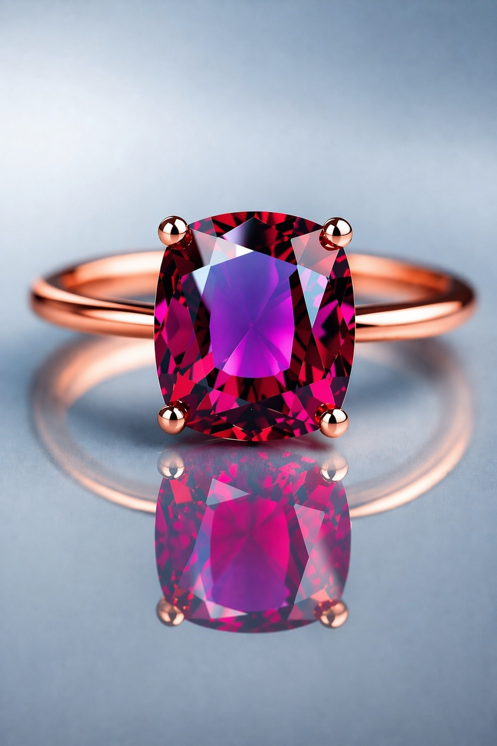 purplish pink rhodolite garnet rose gold ring