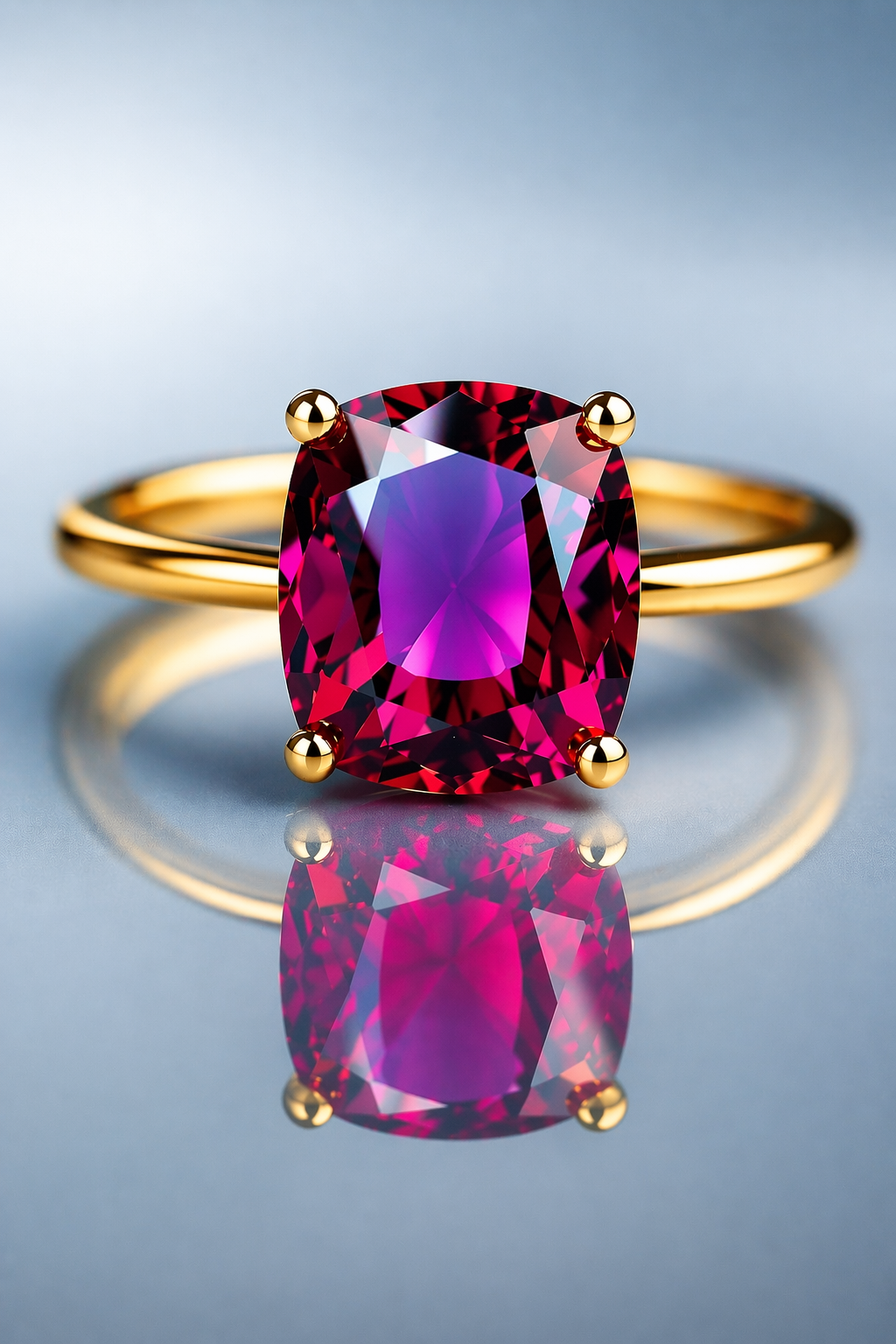 purplish pink rhodolite garnet yellow gold ring