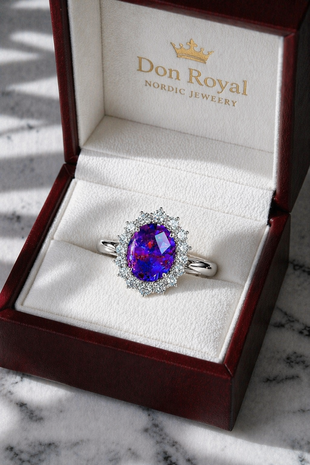 purplish pink sapphire diamond halo gold ring in box