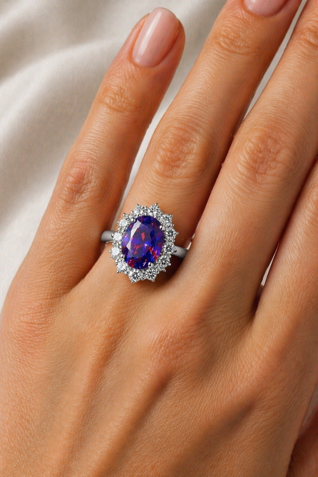 purplish pink sapphire diamond halo gold ring model
