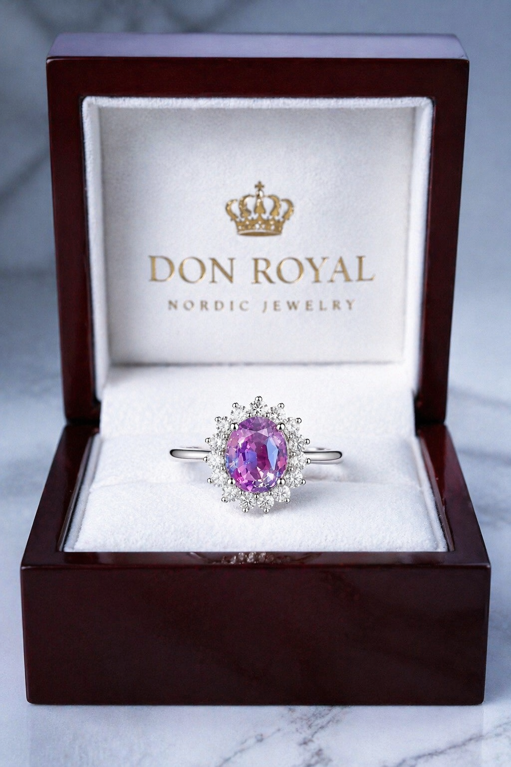 Purplish Pink Spinel Diamond Ring in Box