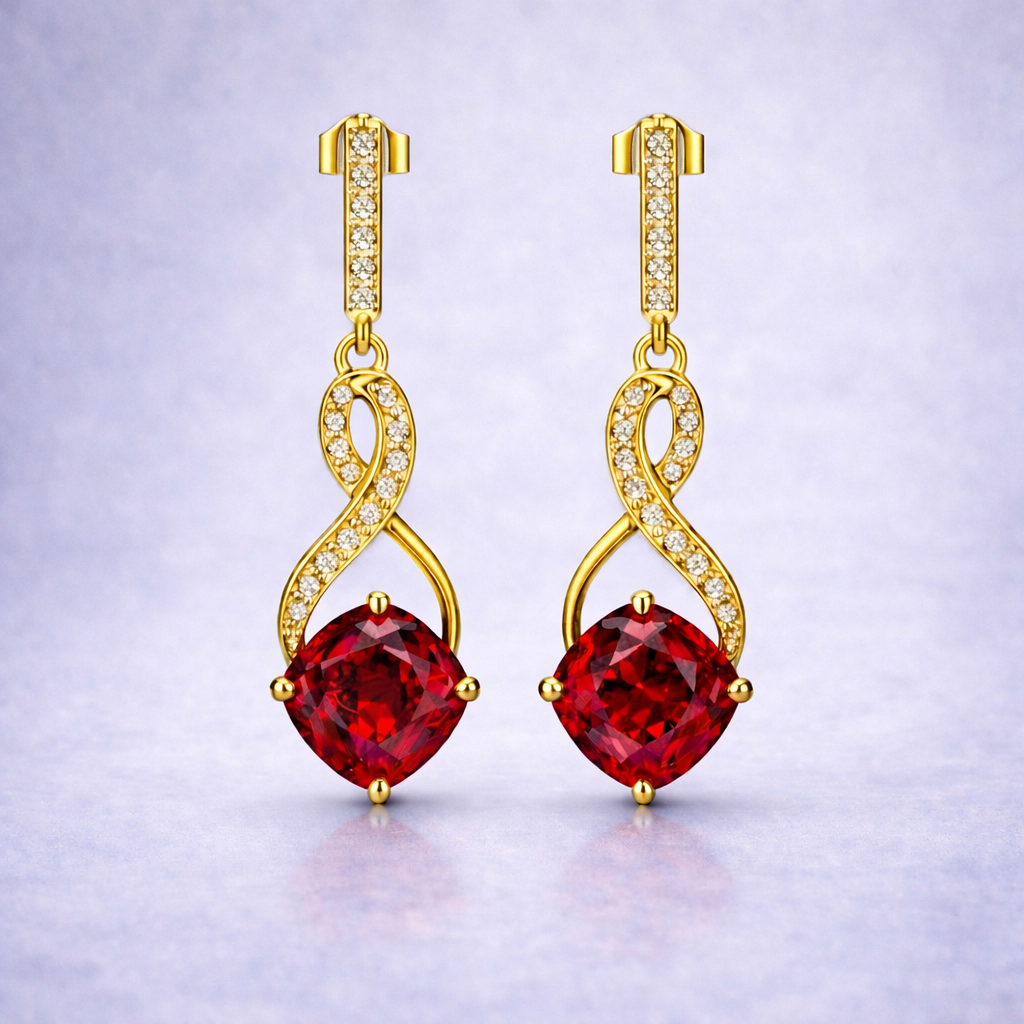 red ruby diamond yellow gold earrings