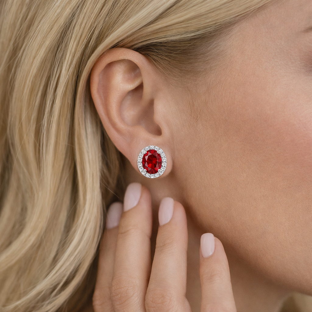 red ruby halo diamond white gold earrings model