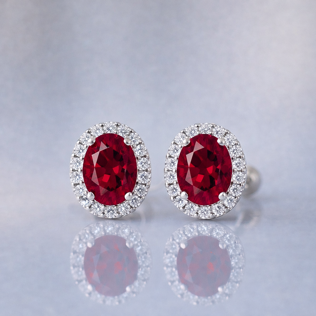 red ruby halo diamond white gold earrings