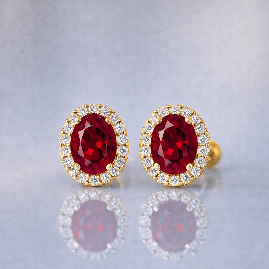 red ruby halo diamond yellow gold earrings