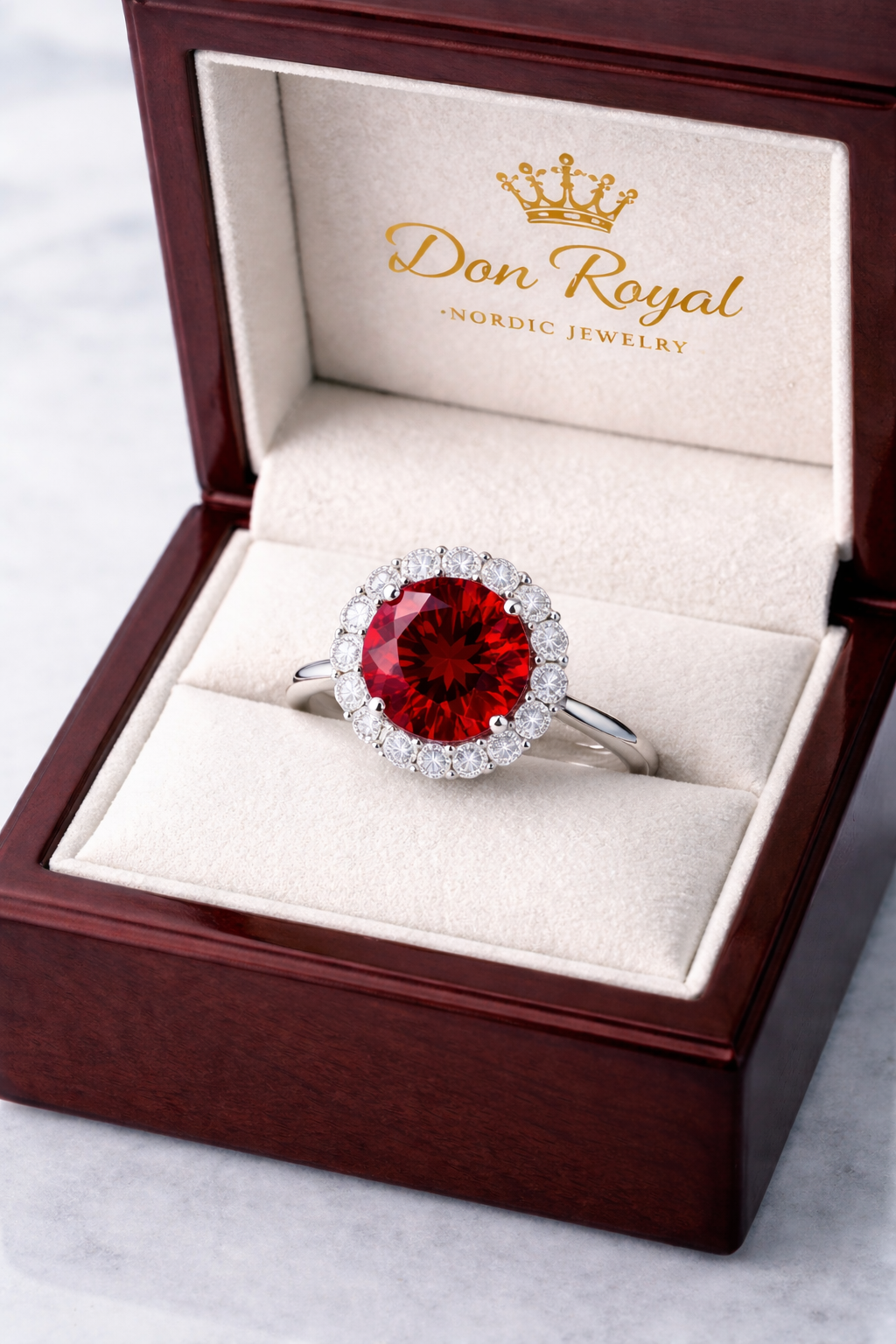 rhodolite garnet diamond halo gold ring in box