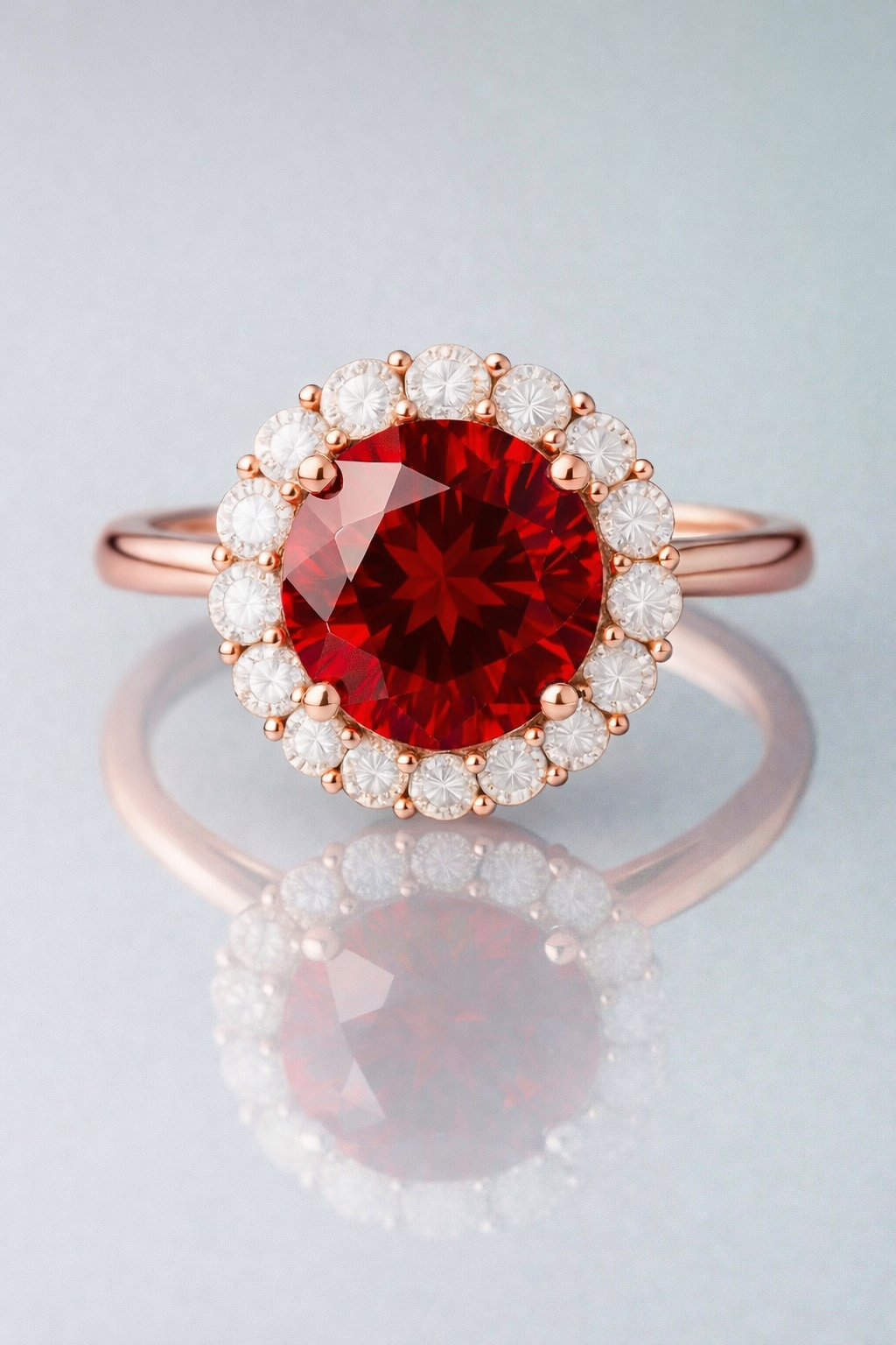 rhodolite garnet diamond halo rose gold ring