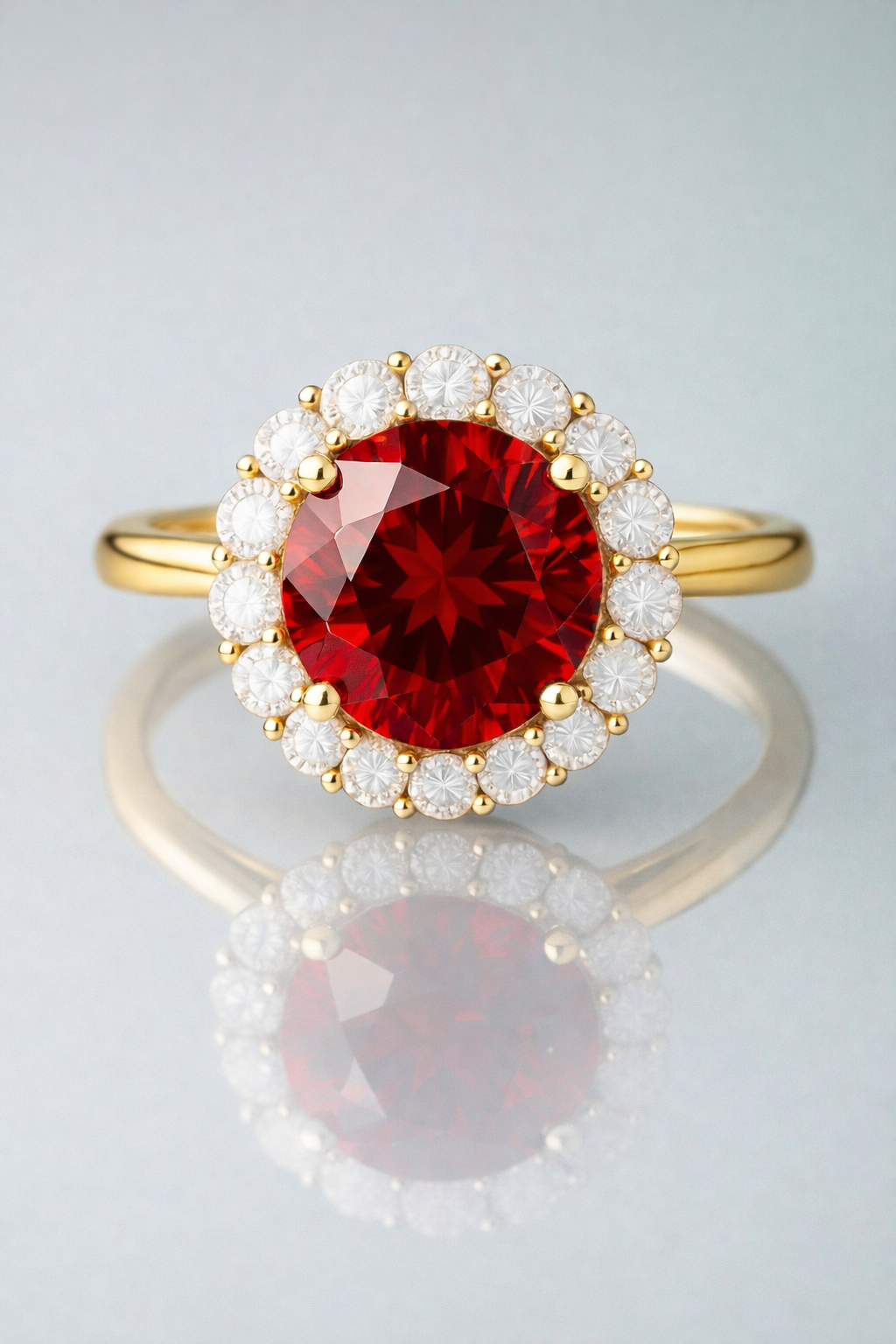 rhodolite garnet diamond halo yellow gold ring