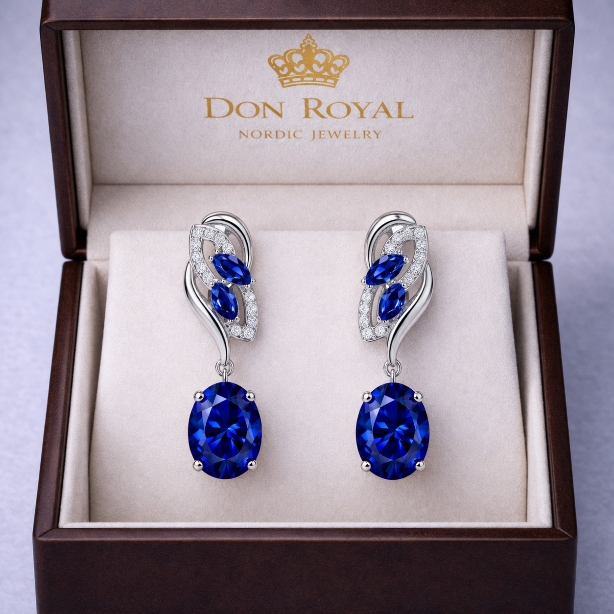 royal blue sapphire diamond white gold earrings in box