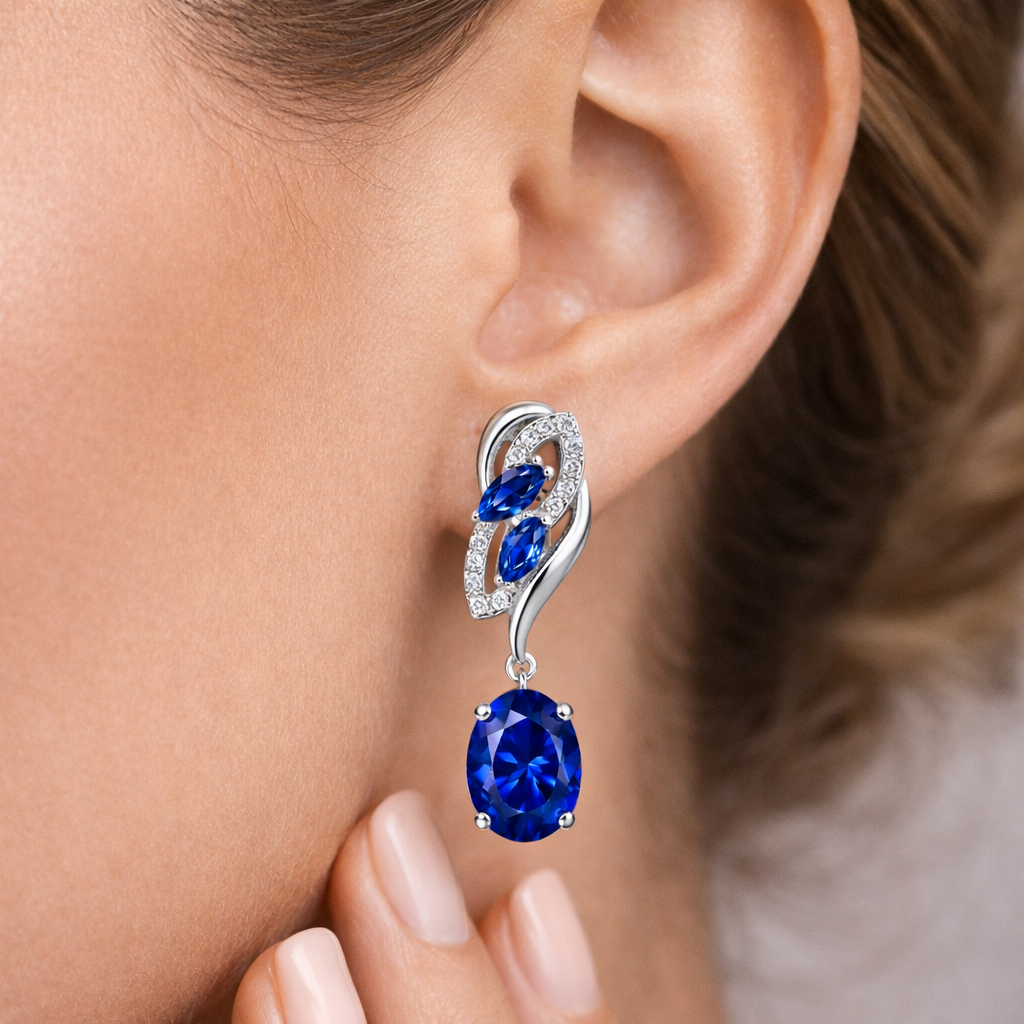 royal blue sapphire diamond white gold earrings macro