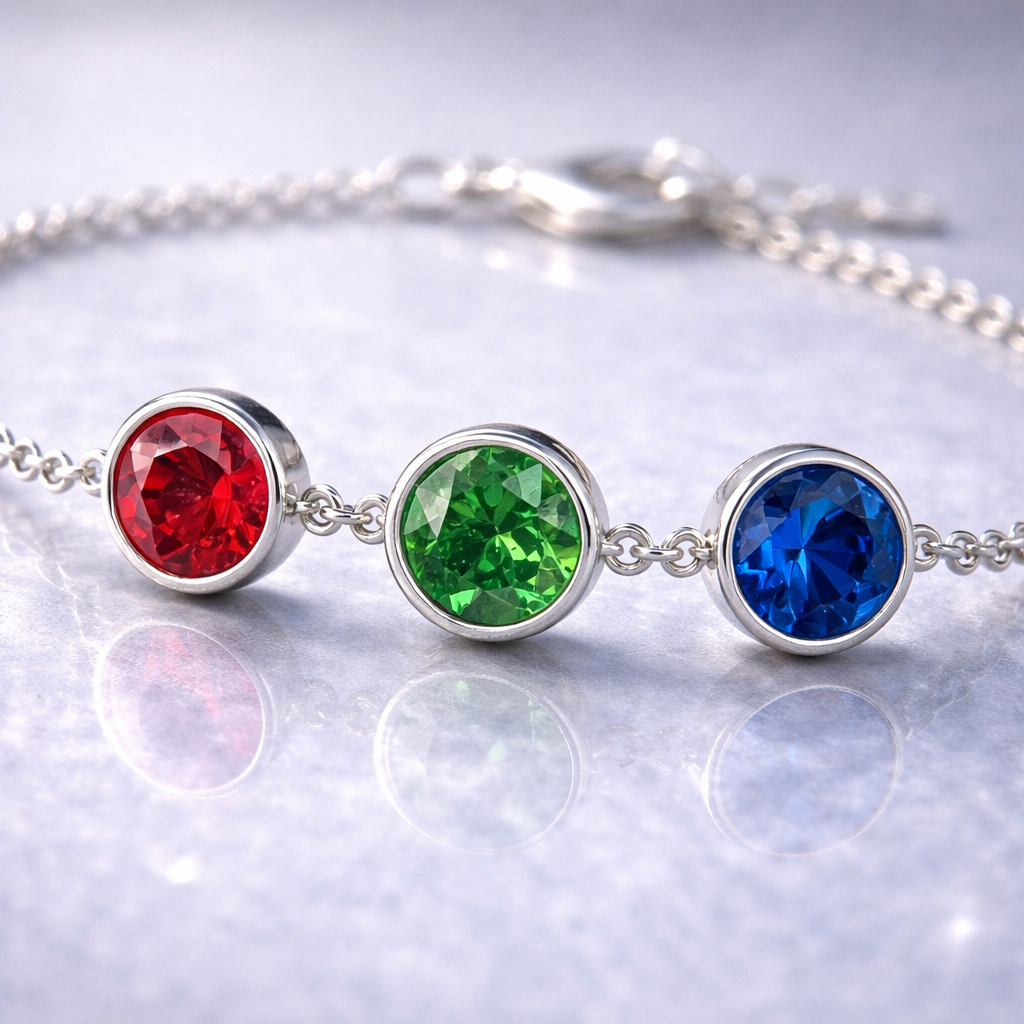 ruby emerald sapphire white gold bracelet macro
