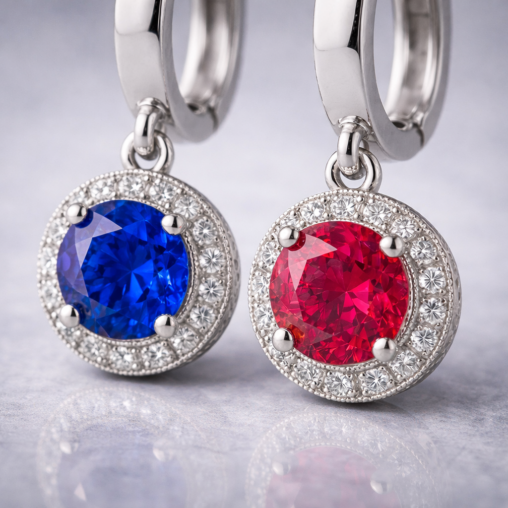 ruby sapphire diamond platinum earrings macro