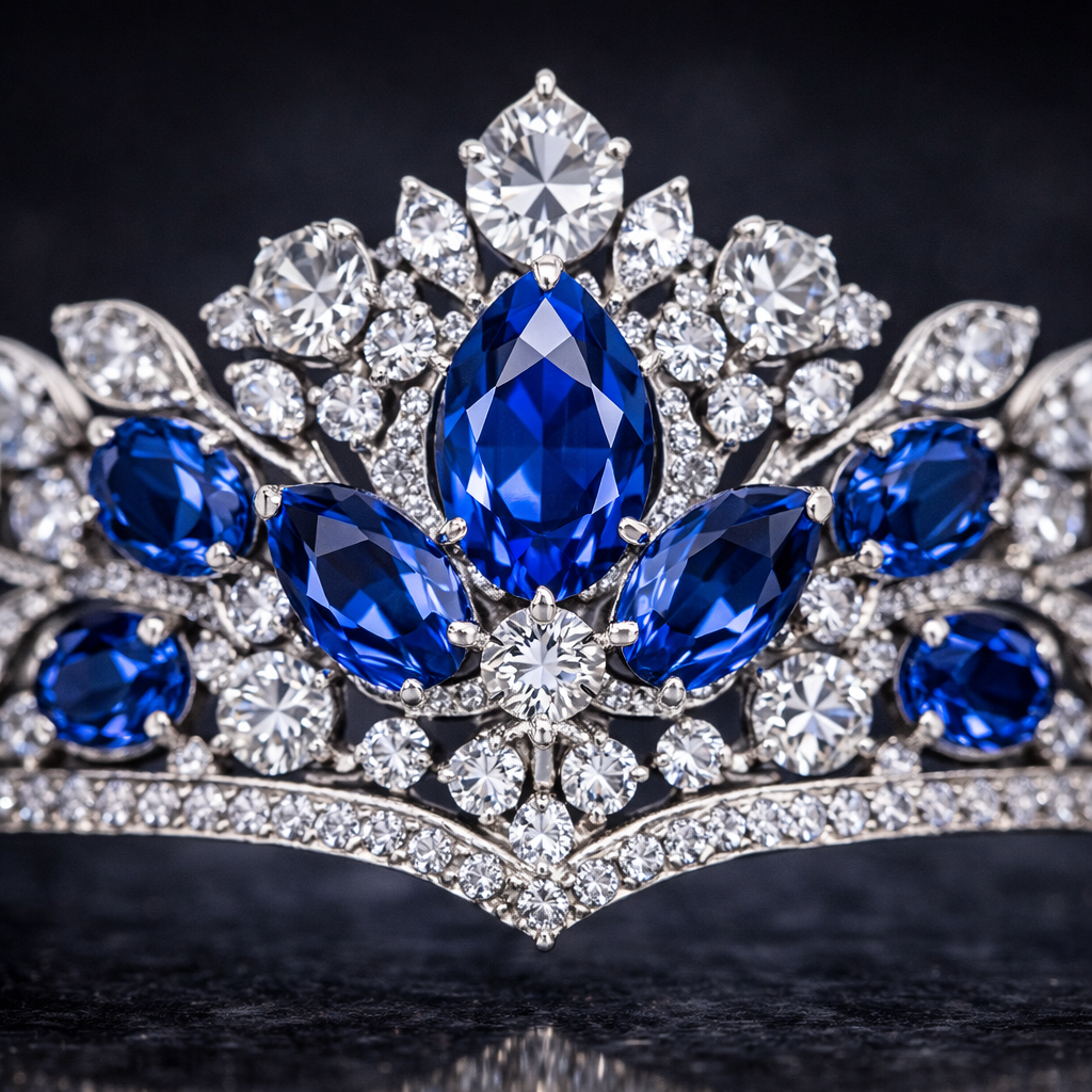 blue sapphire diamond white gold tiara macro
