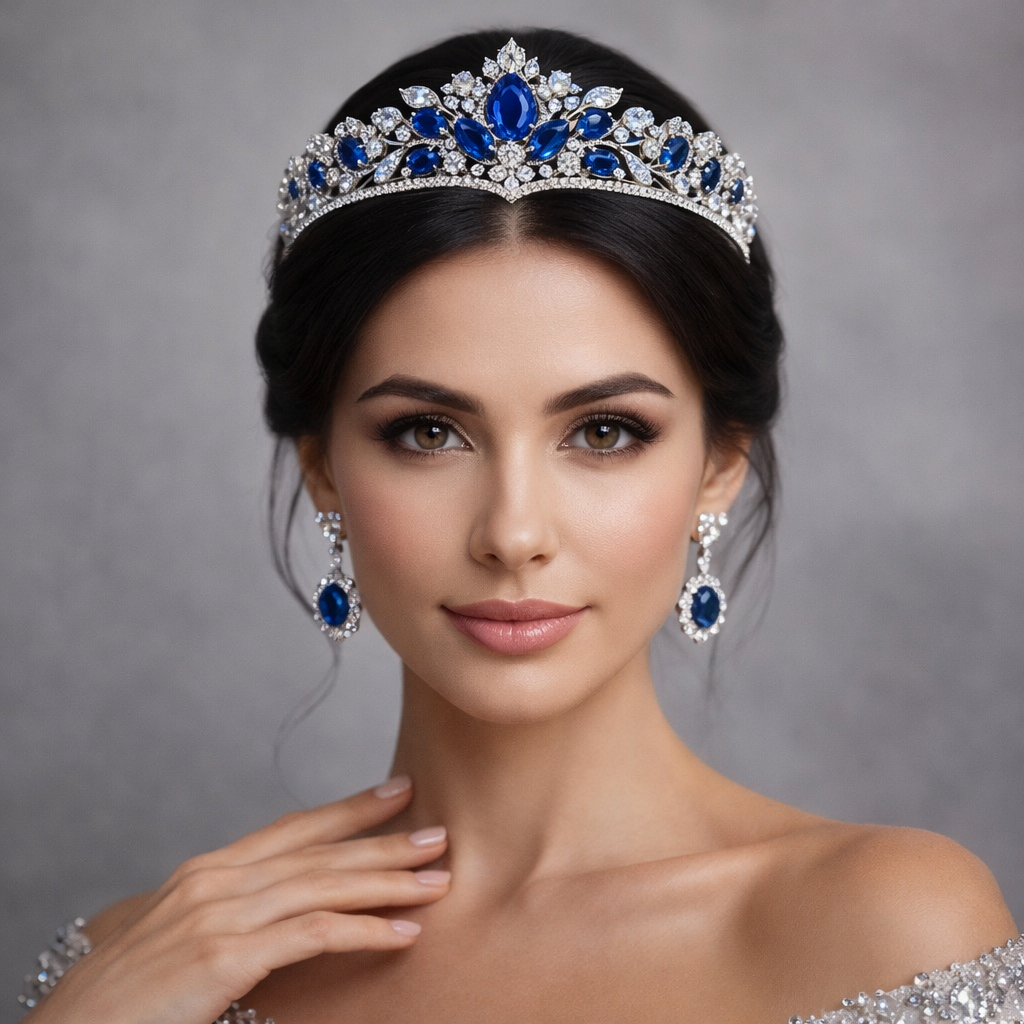 blue sapphire diamond white gold tiara model